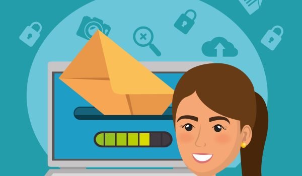 businesswoman with e-mail marketing icons vector illustration design